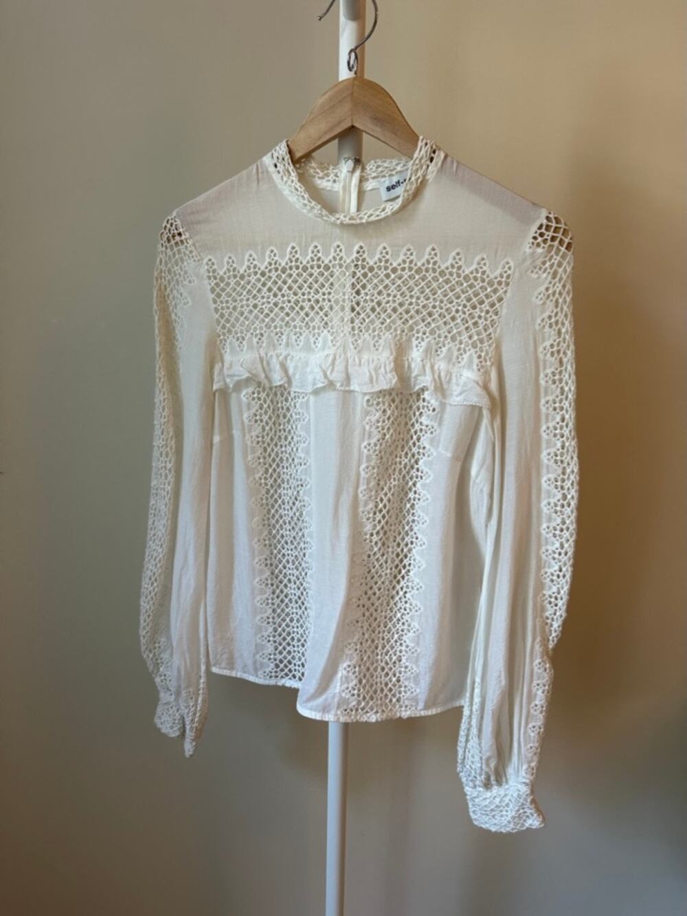 Self-Portrait Lace Insert Blouse in Cream, UK 10 (US 4)